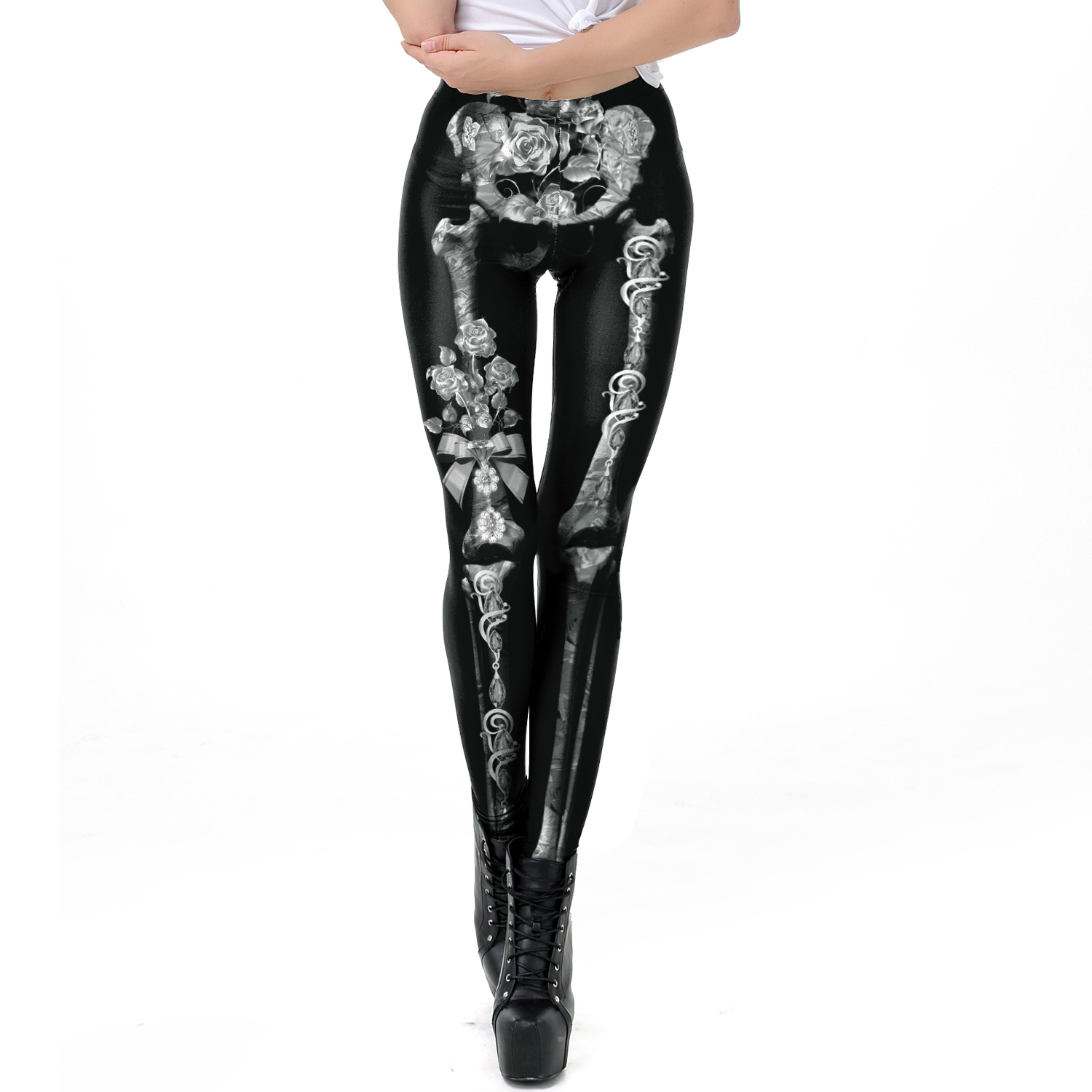 Nadanbao-mallas con estampado de calavera rosa para mujer, pantalones para de Halloween, ropa de calle para vacaciones y Festival, pantalones ajustados de cintura media: L / Marfíl