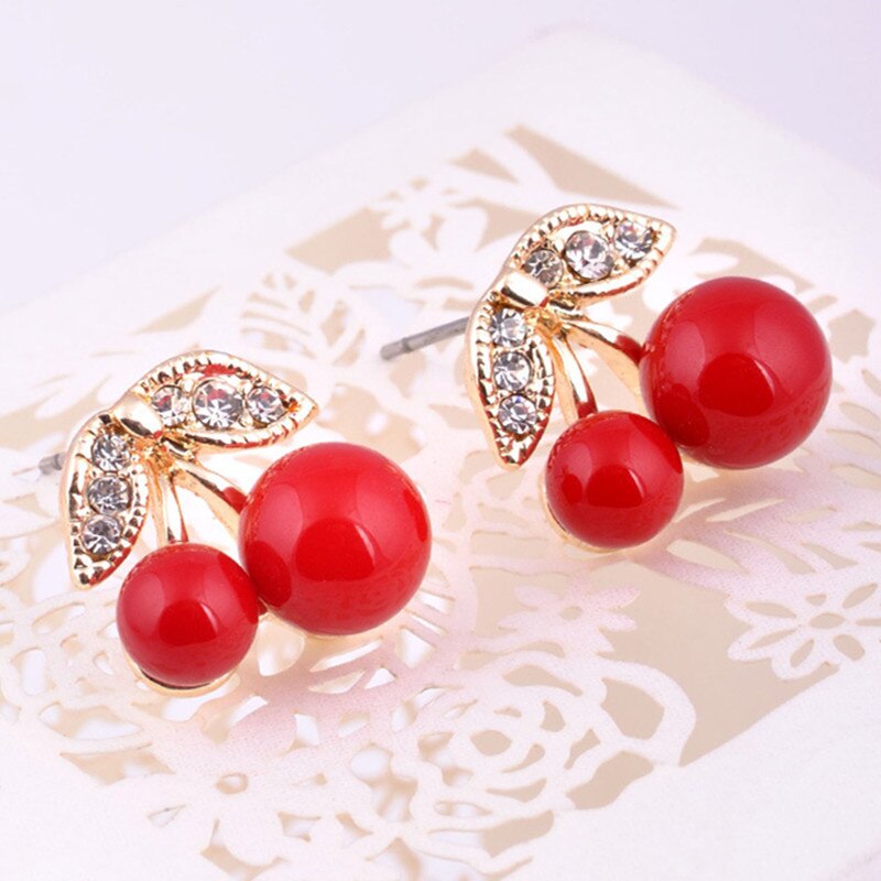 Neue Niedlich SchöNe rot Kirsche Ohrringe Strass Blatt Perle Zucht Ohrringe Für Frau Schmuck Boucle D'oreille