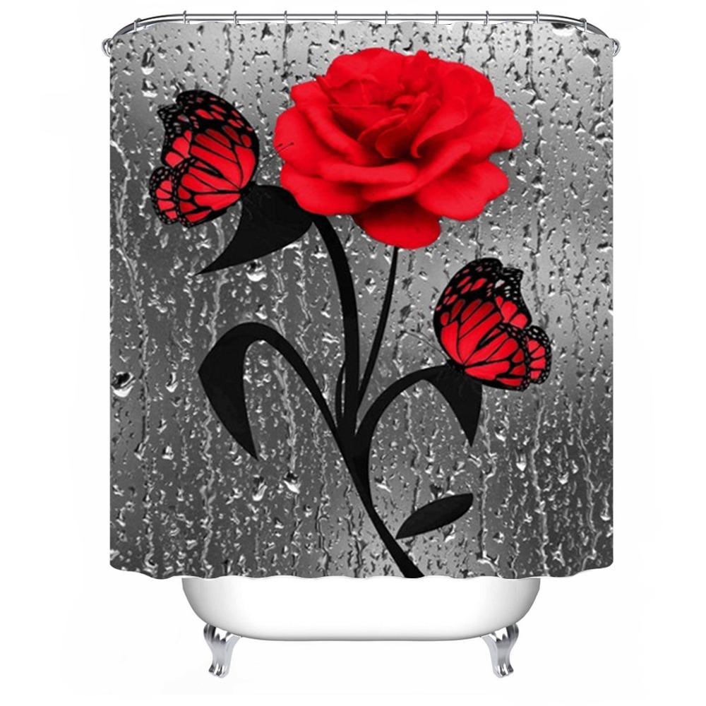 Rød rose & sommerfugl badeværelse skridsikker måttesæt holdbart vandtæt bruseforhæng sæt piedestal tæppe låg toiletdæksel bademåtte tæpper: Rødt badeforhæng