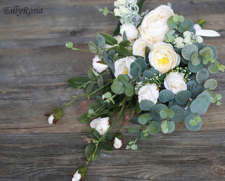 Handmade Country Wedding Bouquet Beautiful Artificial Flowers Green Eucalyptus White Rose Romantic Bridal Flowers Bouquet