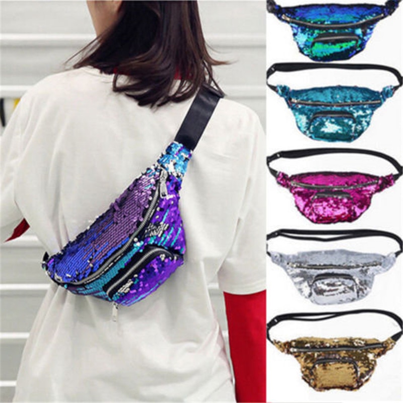 estilo las mujeres las niñas lentejuelas brillo bolso de la cintura, Fanny Pack, bolsa de cadera, bolso de