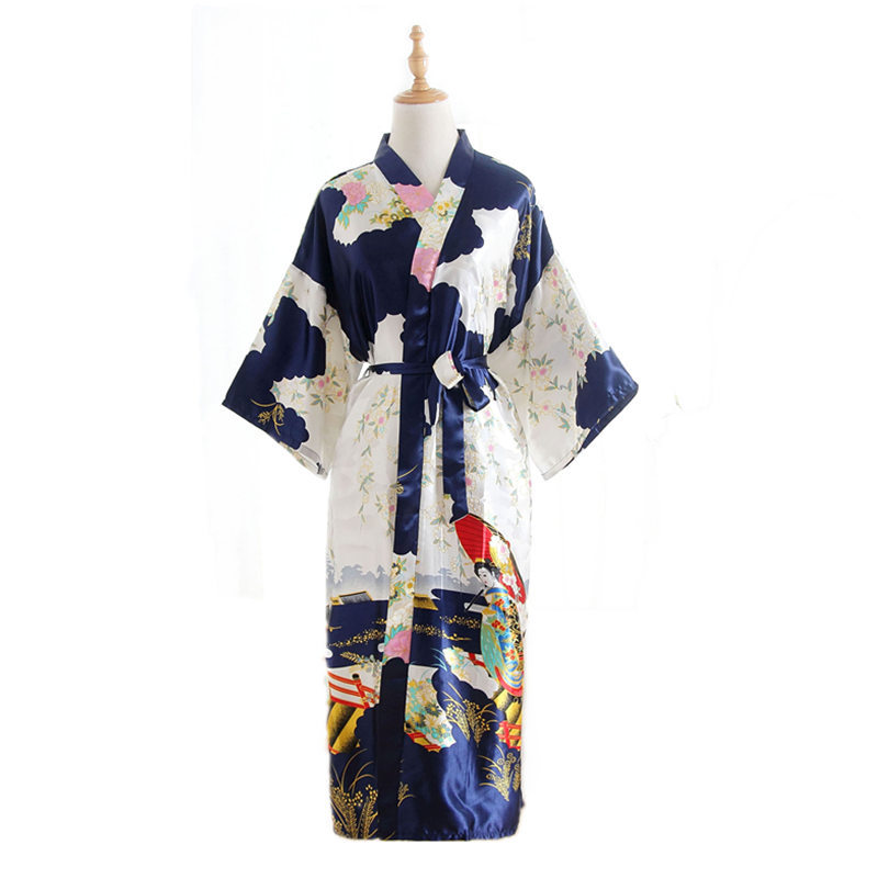 Japanese Kimono Style Cardigan Satin Bathrobe Long Pajamas Night Robe Yukata For Women Japanese Clothes Peacock Print: Blue