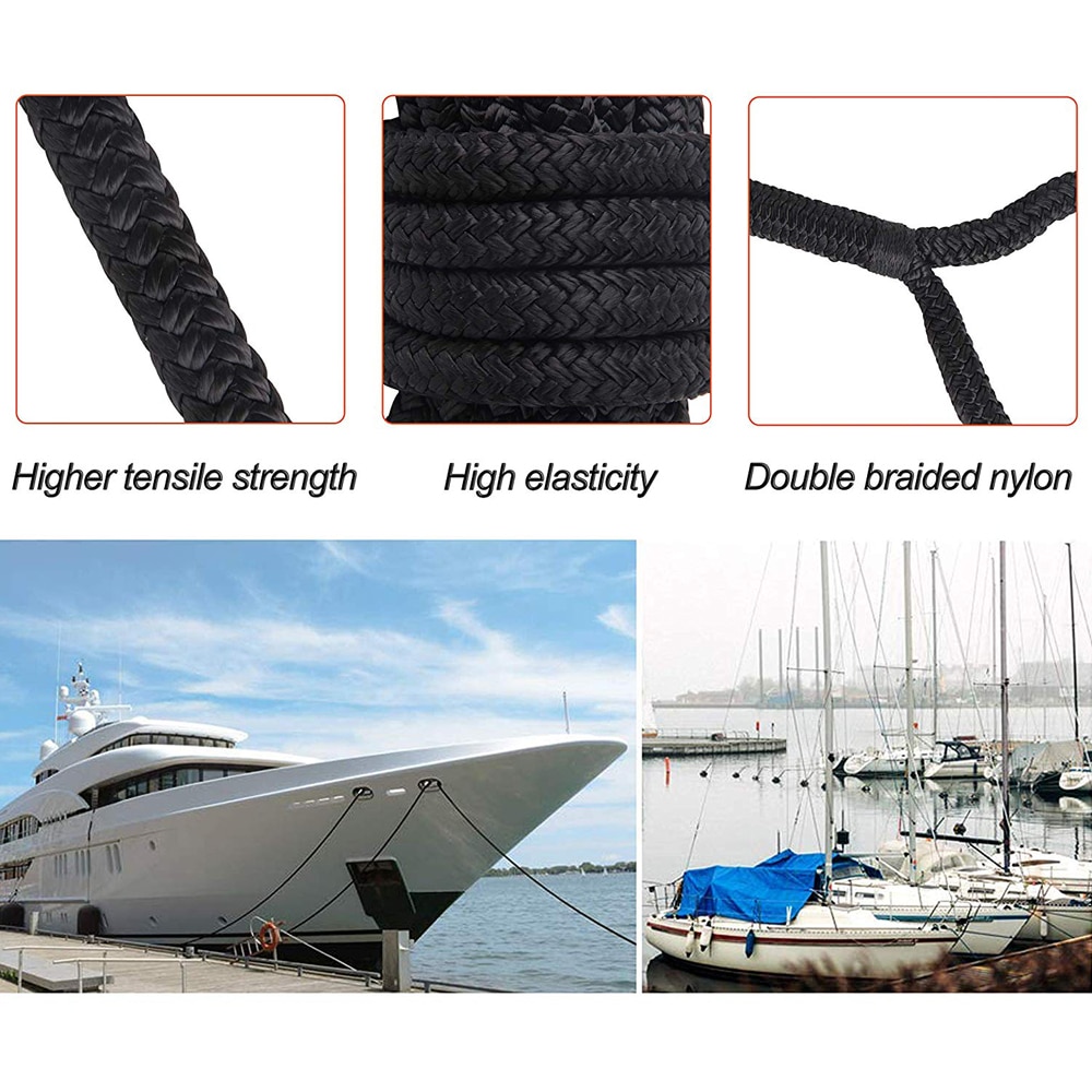 Double Braided Nylon Black DockLine Boat Dock Line Mooring Rope Anchor Rope Ultra Strong Dock Lines 16.5 Feet 25 Feet 50 Feet