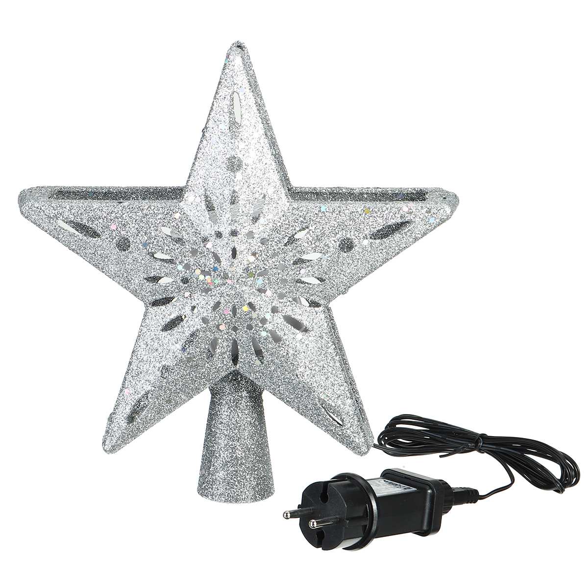 3D Glitter Star Lighted Christmas Tree Topper with Snowflake Projector Lighted Christmas Decorations for Tree EU Pulg: Silver EU Plug