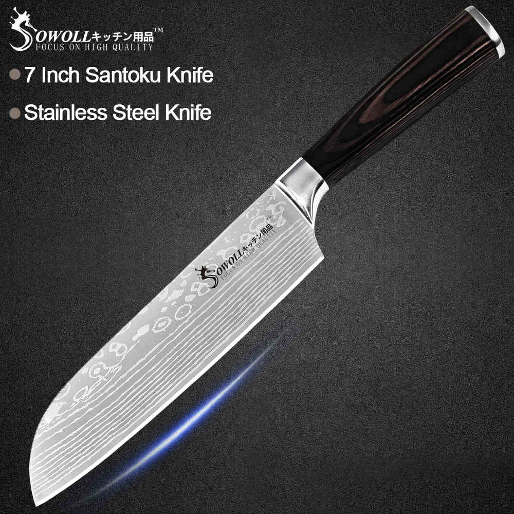 Sowoll Stainless Steel Cooking Knife Damascus Pattern Blade Chef Slicing Santoku Utility Paring Knife Camping Cooking Tools: I.7 santoku knife