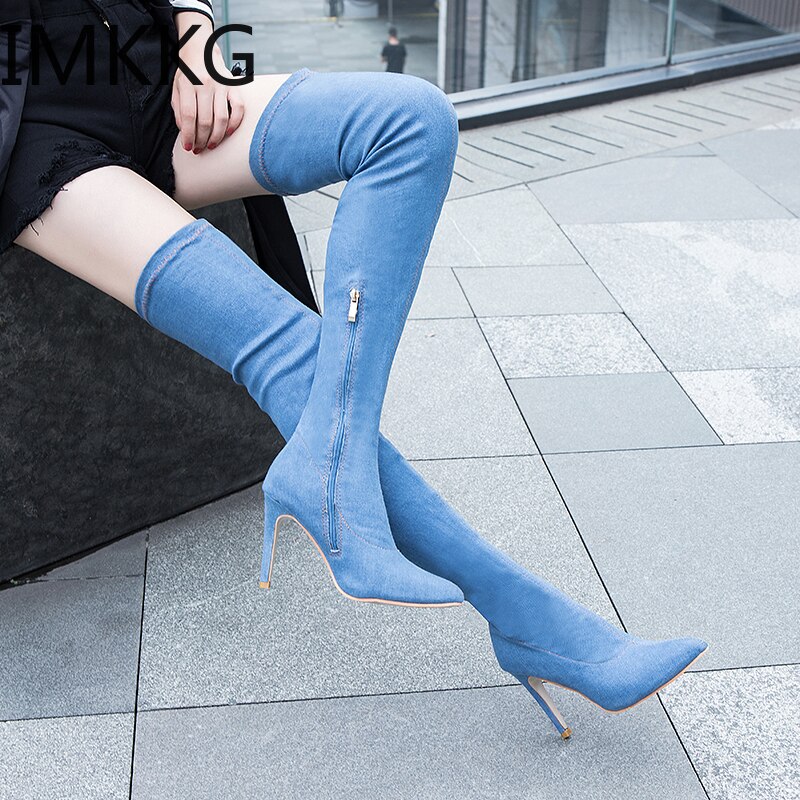 Women Boots High Heels Spring Autumn Over The Knee Boots Tight High Stiletto Jeans Denim Rome Long Shoes Y10144