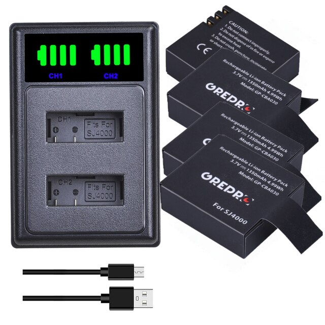 4x SJ4000 PG1050 bateria + typu c doprowadziło podwójna ładowarka dla SJCAM sj4000 sj5000 j7000 sj8000 sj9000 4K M10 EKEN H8 H8R H9 A80 A70 A60: 4B z ładowarka