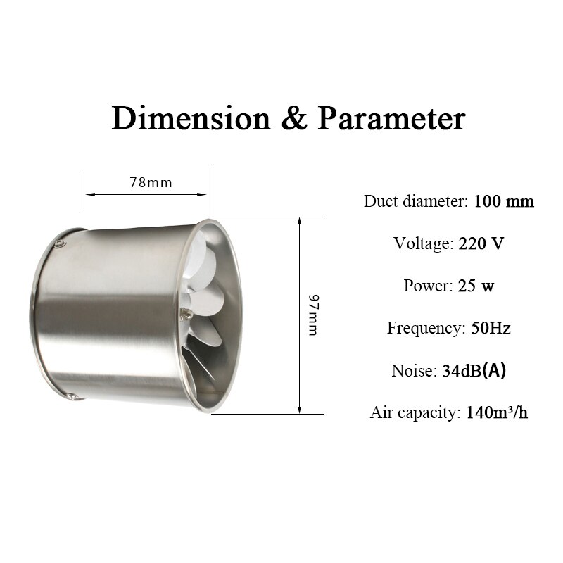 Rvs 4 inch inline duct ventilator lucht ventilator pijp ventilatie ventilator ducted afzuigkap badkamer muur fan 100mm 220V