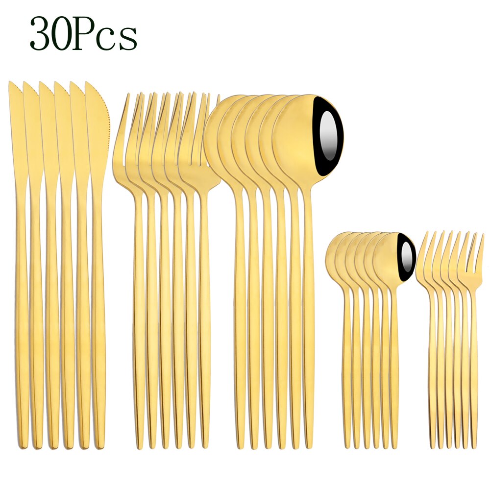 24pcs Cutlery Set Blue Silver Dinnerware Set Stainless Steel Silverware Knife Fork Spoon Tableware Flatware Set Dishwasher Safe: Gold