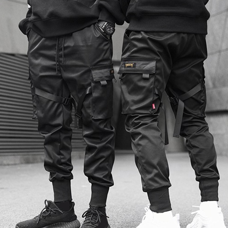 ¡Novedad del ! Pantalones Cargo de bolsillo negro con bloques de Color con cintas para hombre, pantalones de chándal Harajuku, pantalones de Hip Hop