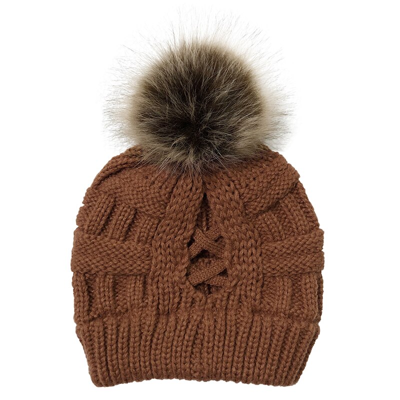 Dames wollen muts, muts met ronde kop, accessoires, gebreide muts, hoofddeksel, kruismuts, hoofddoek, haarbal, elastisch, winterwarm