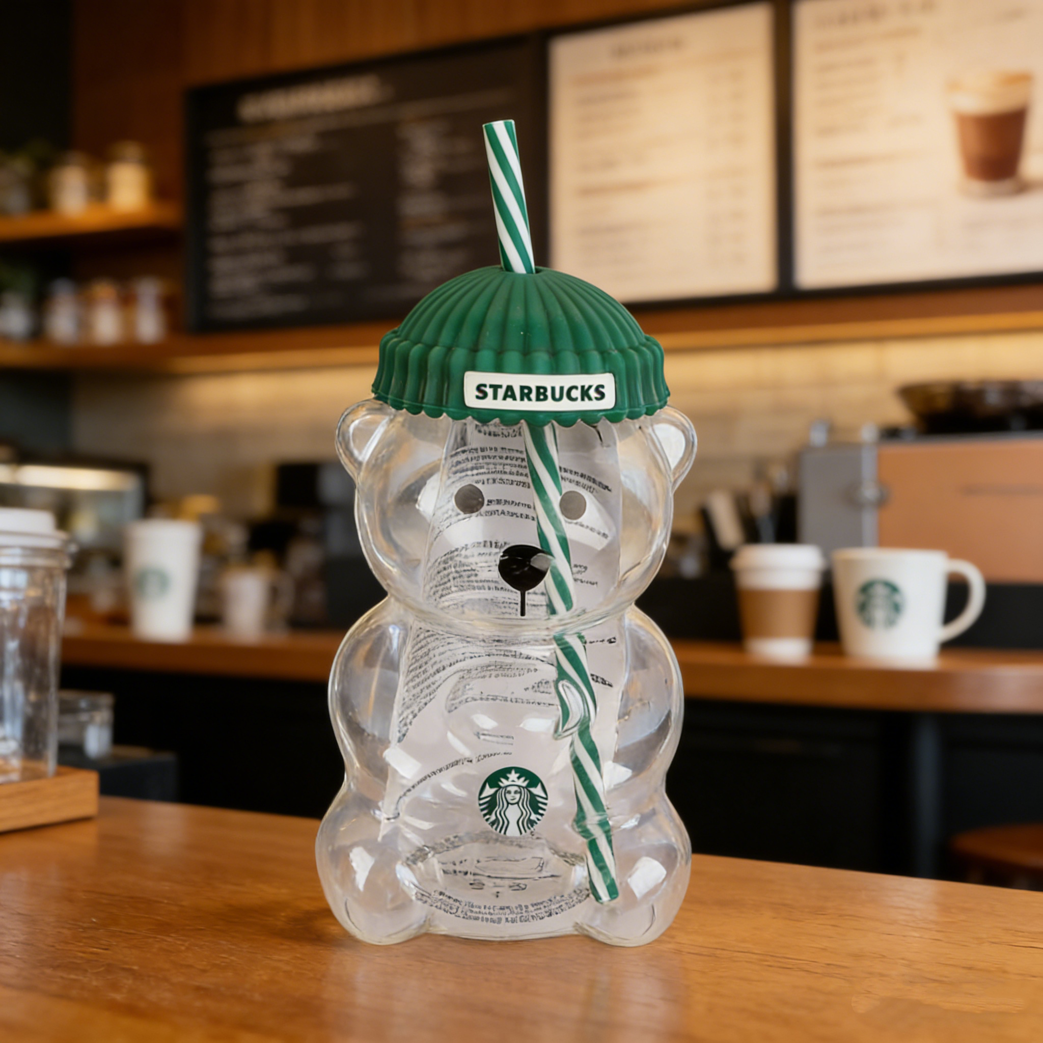 Starbucks Bearista Bären-Glasbecher 591ml Grüner Deckel Strohhalm Café Zuhause