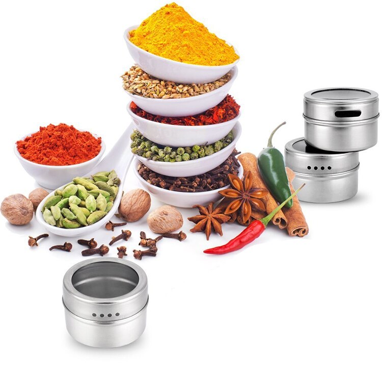 Magnetic Spice Jar Set With Stickers Stainless Steel Spice Tins Spice Storage Container Pepper Seasoning Sprays Tools