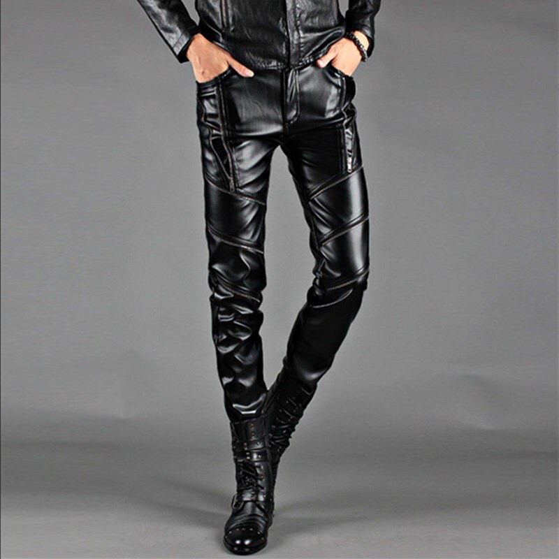 Leggings de moto en cuir pu pour hommes, slim et beau, avec fermeture éclair, printemps