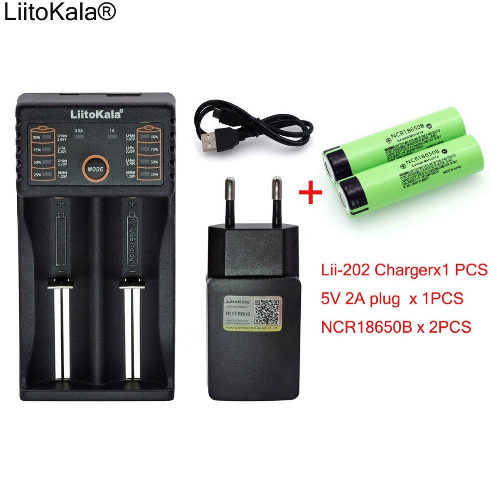 Liitokala Lii-202 1.2 v 3.7 v AA 18650 Charger 5 v 2A Plug + 2 stks NCR18650B 3400 mah 18650 Oplaadbare Batterij