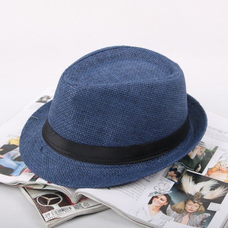 Jazz männer Hut Woven Stroh Sonnenschirm Hut Lässig Hut Gürtel Schnalle Strand Hut Stroh Sonnenhut Weiß Hochzeit Schwarz Gürtel frauen Fedoras Gorro: NO.2-Navy Blue