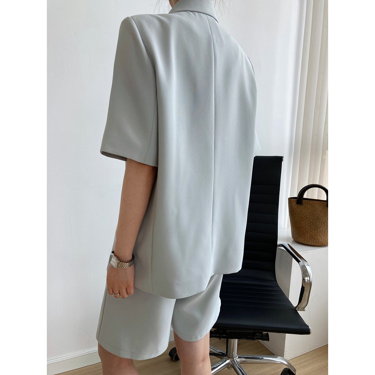 Summer Thin Short Sleeve Suit Jacket Women + Suit Shorts Suit Casual Loose Suit Two Piece Set: azure blue / S