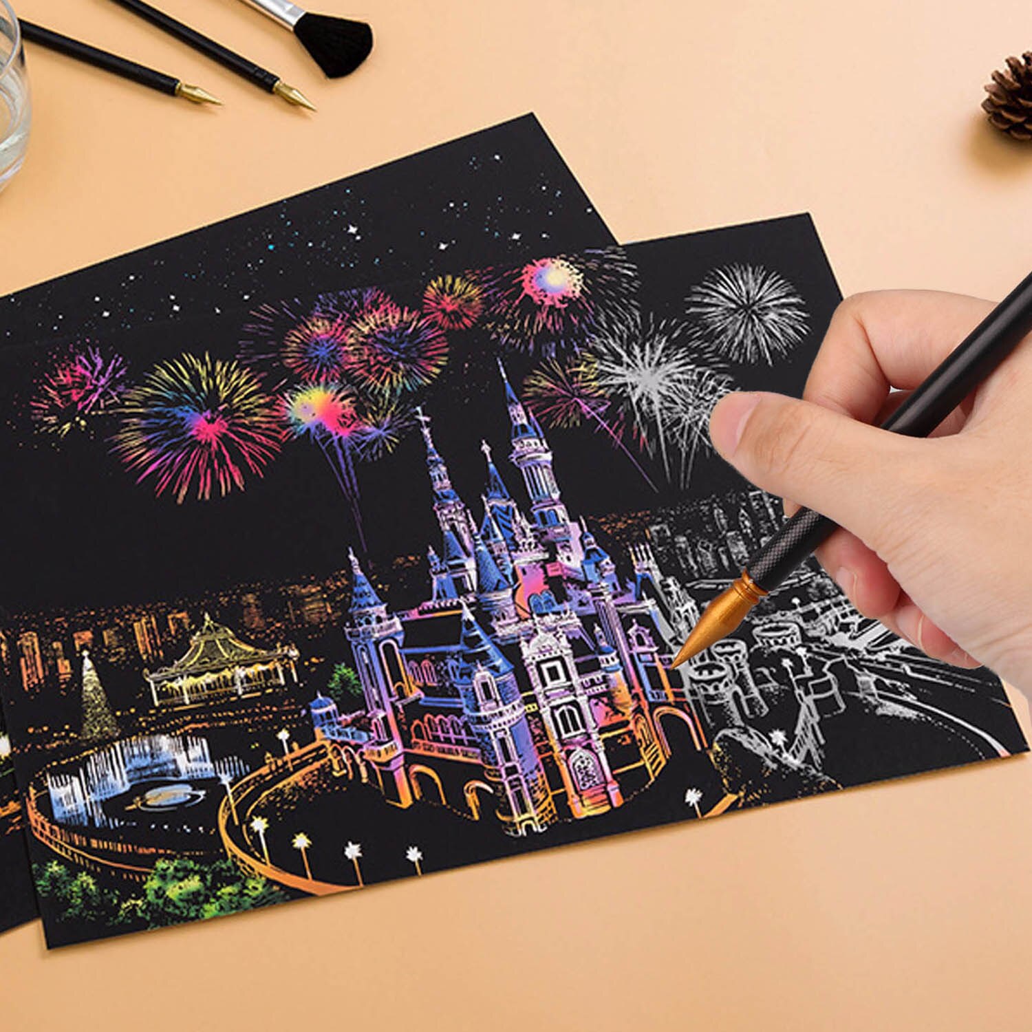 15PCS Scraping Painting Art Tools Set with Bamboo Sticks Scraper Repair Pen Brush Storage Bag for Kids Birthday Christmas