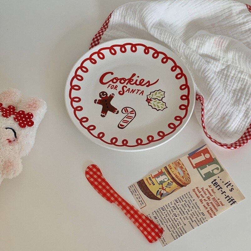 Korean Style Christmas Cartoon Gingerbread Man Ceramic Plate Candy Red Lace Cake Dessert Plate Charger Plates