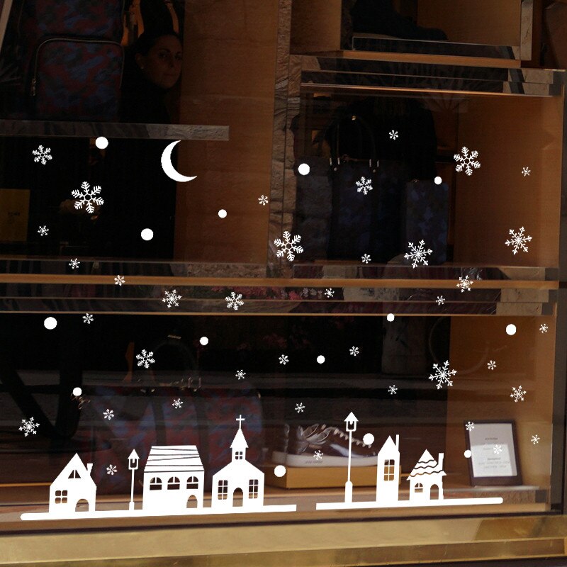 Christmas Night Snow View With Moon Snowflakes Town Decoration Shop Glass Window Wall Stickers Wallpaper Home Decals Ornament: Default Title