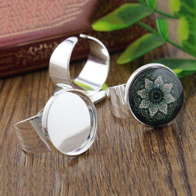 14mm 18mm Bright Silver Plated Bronze Brass Adjustable Ring Settings Blank/Base Fit 14 18mm Glass Cabochons,Buttons;Ring Bezels: Silver / 18mm