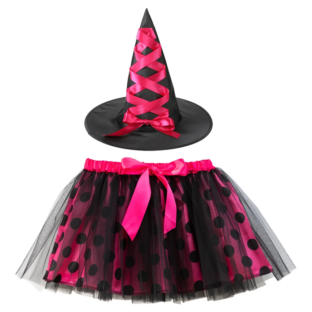Children Girls Halloween Polka Dot Spiderweb Witch Skirt Hat Spider Web Tutu Outfit Party Dress Up Cosplay Costumes Carnival: S / Blue