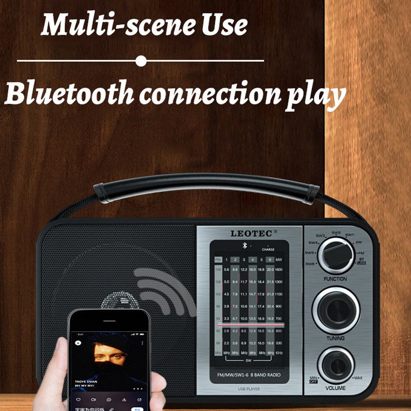 Portable Full Band Radio FM/MW/SW1-6 Radio Receiver Wireless Bluetooth Speaker with SD Card/USB Slot Support AC/DC Power Supply