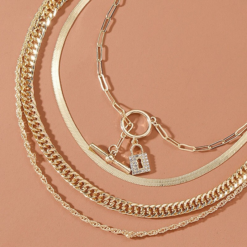 Exknl Gelaagde Crystal Lock Collier Meisjes Leuke Ketting Set Claviclel Kettingen Vrouwen Vrouwelijke Mode Choker Hals Sieraden