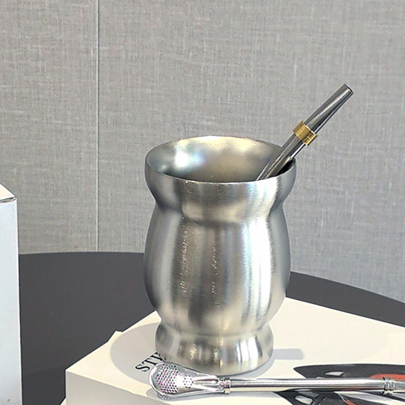 1 Set Yerba Mate Cup 304 Roestvrij Staal Dubbelwandige 8 Oz Yerba Mate Kalebas Cup Met Stro Lepel En Reinigingsborstel theewaar Sets: MULTI