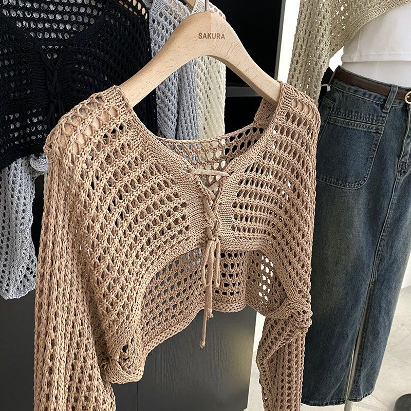 Uitgeholde korte stijl met hemdje gebreide trui voor dames zomer losse cover-up zonwering top met lange mouwen