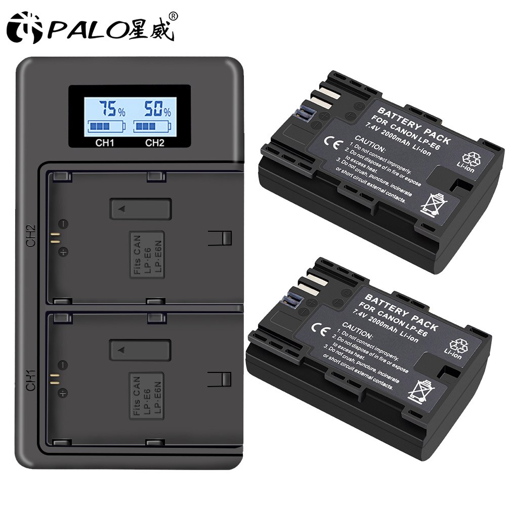 PALO LPE6 LP-E6 E6N LP E6 Camera Battery +LCD Dual Charger For Canon EOS 5DS R 5D Mark II 5D Mark III 6D 7D 70D 80D XC10 Camera: 2 battery 1 charger