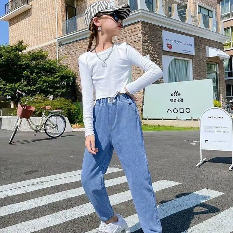 Simple Girl Spring Autumn Casual Denim Trousers Foreign Flavor Baby Girl Out Wear Trousers Loose All-match Denim Trouser: color 2 / 140-height 130-140cm