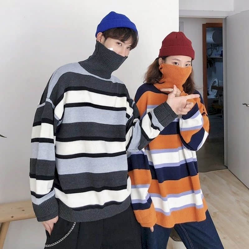 Tröjor par toppar höst vinter tjock varm randig tröja ledig turtleneck tröjor stickad tröja dam klädsel toppar