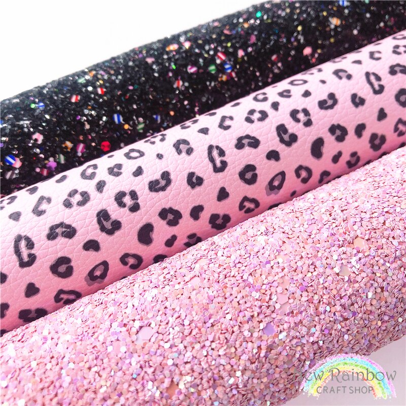 Tykt glitterark pink leopard kunstlæder 22 x 28cm/ stk, kunstlæder ark stof til håndværk, øreringe diy håndlavet stof