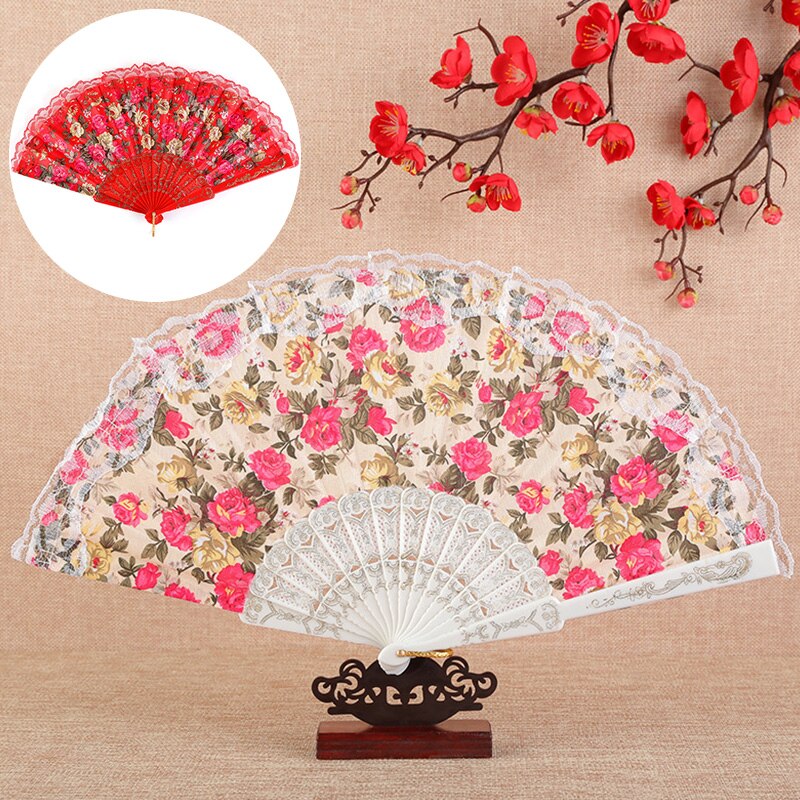 Éventail de danse pliable en plastique, tissu à fleurs de Style Vintage, classique, chinois, d'été