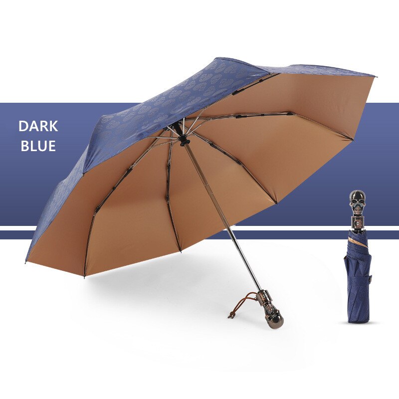 Skeleton head automatic 3 fold rain umbrella waterproof anti ultraviolet parasol wind resistant umbrella: Dark Blue