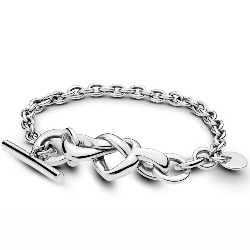925 Sterling Silver Bracelet Knotted Heart Heart-embellished T-clasp Link Bracelet Bangle Fit Bead Charm Fine Jewelry