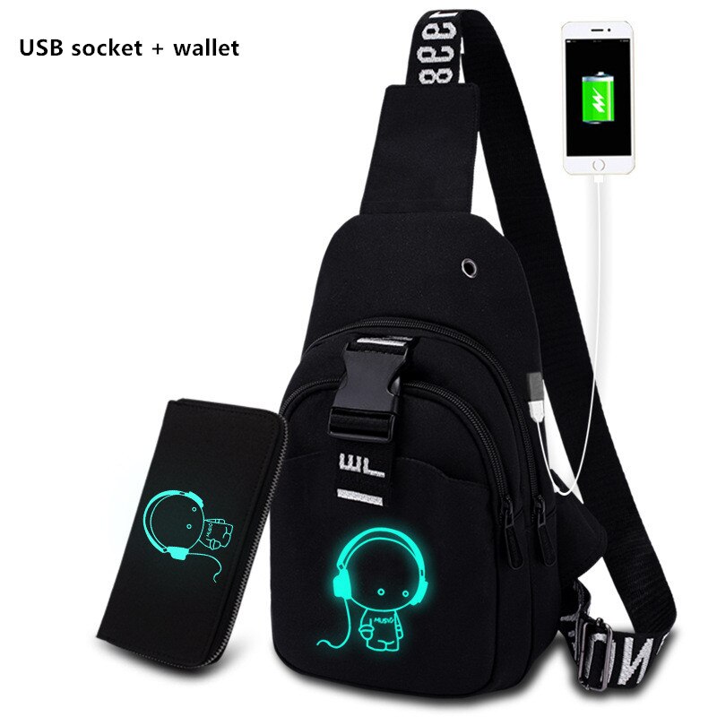 Multifunction moda masculina crossbody sacos de carregamento usb pacote de peito curto viagem luminosa saco de peito dos jovens bolsa de ombro único: Chest bag USB wallet