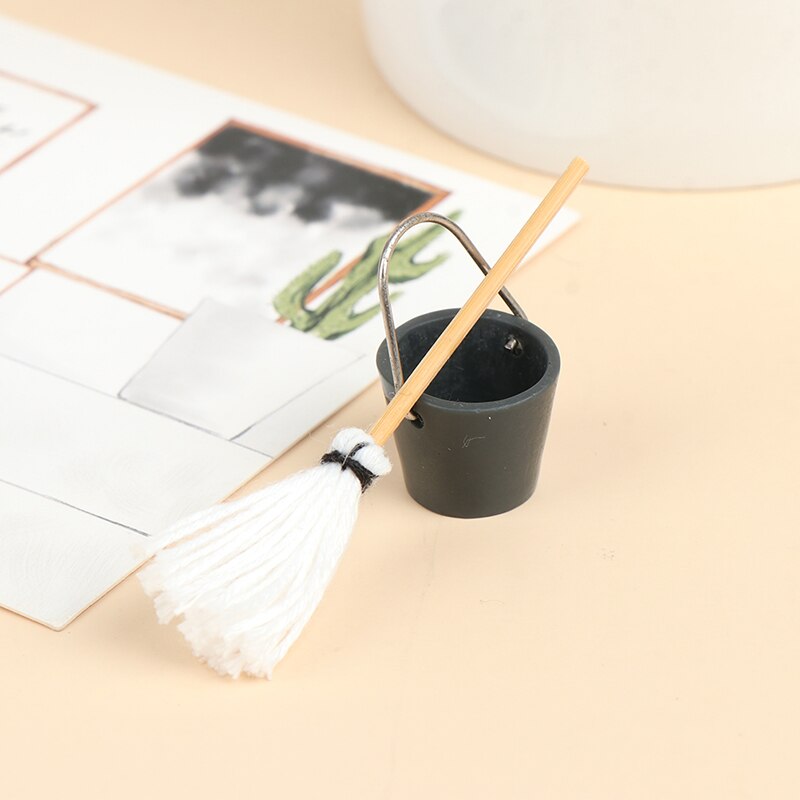 Classic 1:12 Dollhouse Miniature Resin Kitchen Garden Mop Bucket Pretend Play Furniture Cute Toys Presents