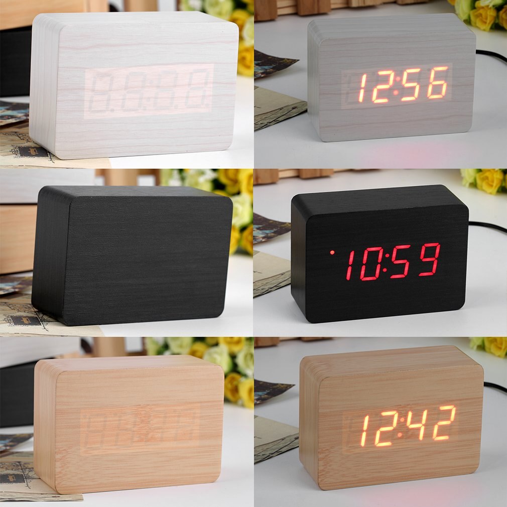 Thuisgebruik Moderne Sensor Houten Klok Dual Led Display Bamboe Klok Digitale Wekker Led Klok Tonen Tijd Voice controle