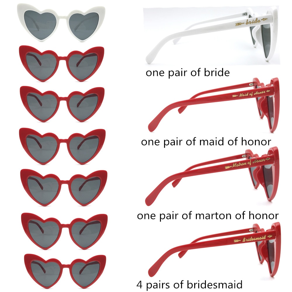 Gafas de sol con forma de corazón para dama de honor, lentes de sol Retro Para Boda, de despedida de soltera, , 7 par/lote