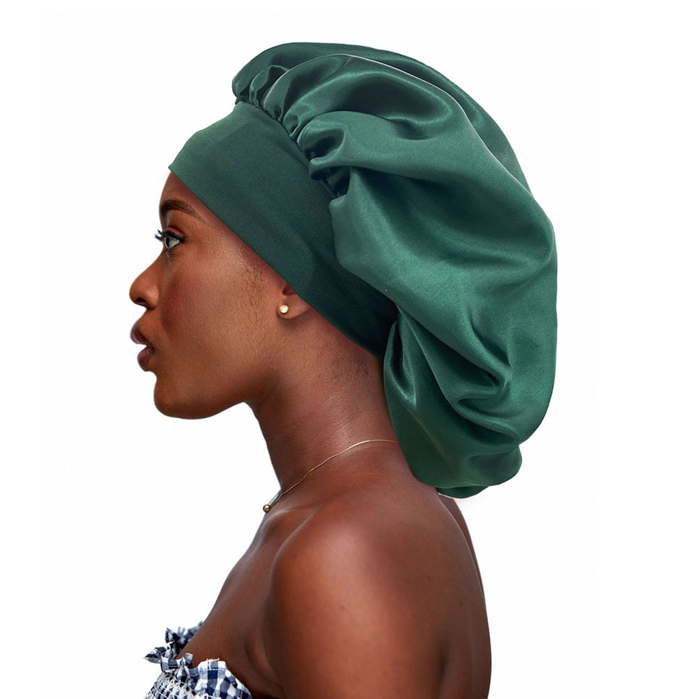 Gorro de satén grande, gorro de seda para dormir, gorro para dormir con banda elástica suave, gorros grandes para el cuidado del cabello de las mujeres: Verde