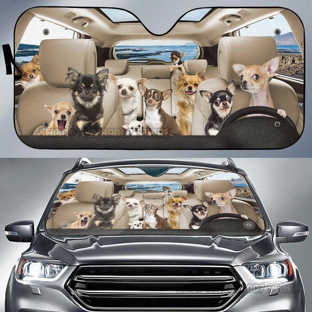 Chihuahua Auto Sun Shade Car Windshield Window Cover Cute Chihuahua Dog Family Sun Visor Protector Sunshade Animal Car Decor: Beige
