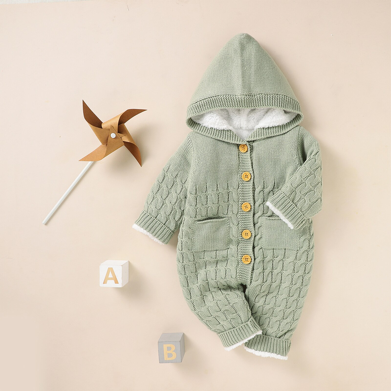 Baby Baby Meisjes Jongens Winter Warm Hooded Jumpsuit Effen Kleur Lange Mouwen Button Down Cable Knit Effen Romper