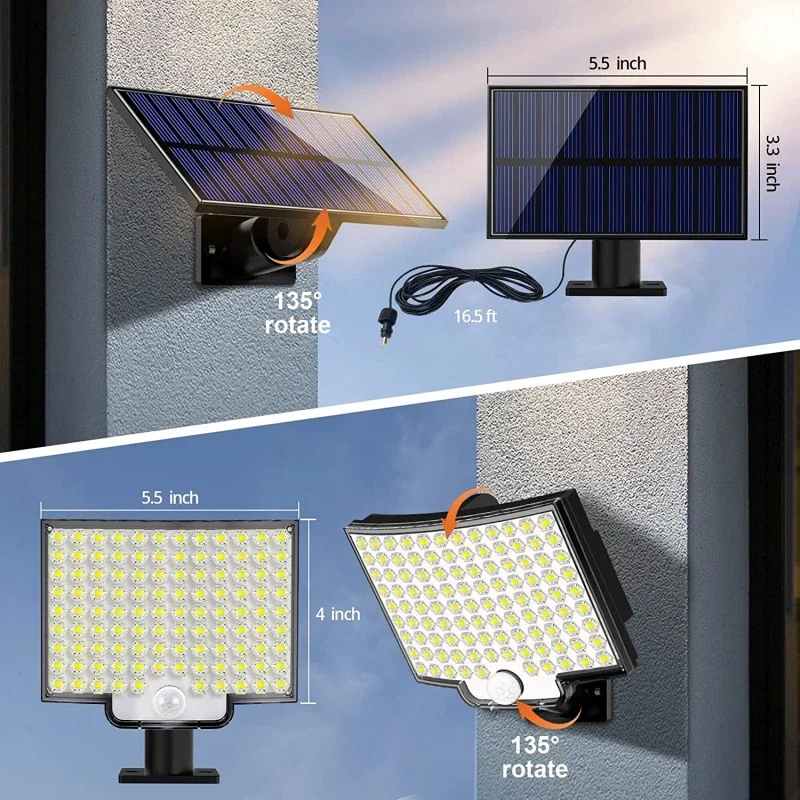 Luz de movimiento Solar de 106 LED, Panel separado para exteriores, luces de inundación solares, 4 modos de trabajo para luces de pared impermeables para jardín y garaje