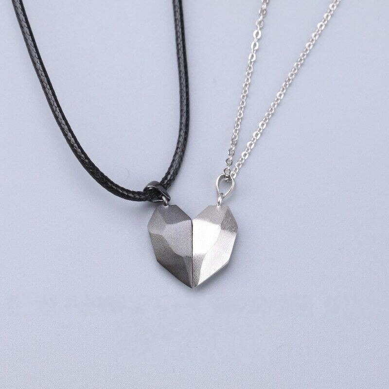 2Pcs Lovers Matching Friendship Heart Pendant Couple Magnetic Distance Faceted Heart Pendant Necklace Couple Jewelry