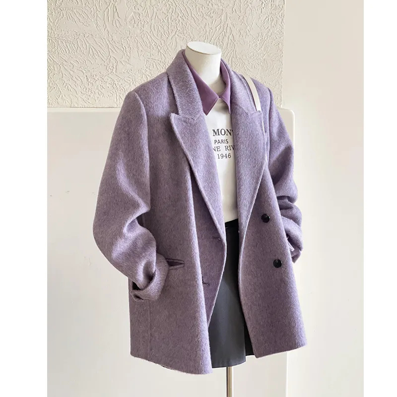 Zachte paarse wollen jas voor dames in herfst en winter 2022, wollen jas met high-end gevoel, klein en kort Koreaanse stijl