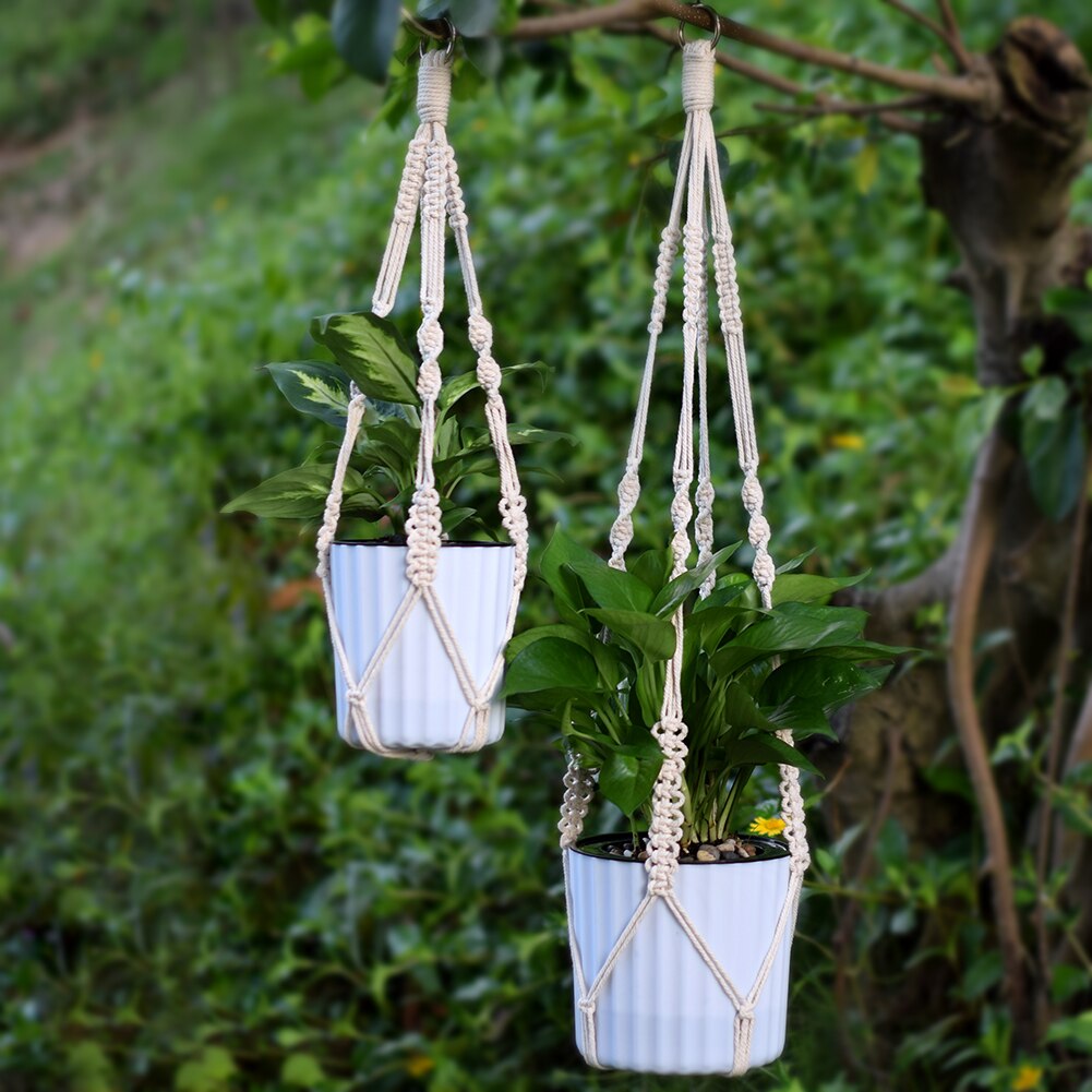 Wituse Handgemaakte Natuurlijke Katoenen Koord Plant Hanger Opknoping Mand Pot Houder Met Ring S/M/L Macrame Touw bloempot Houder String