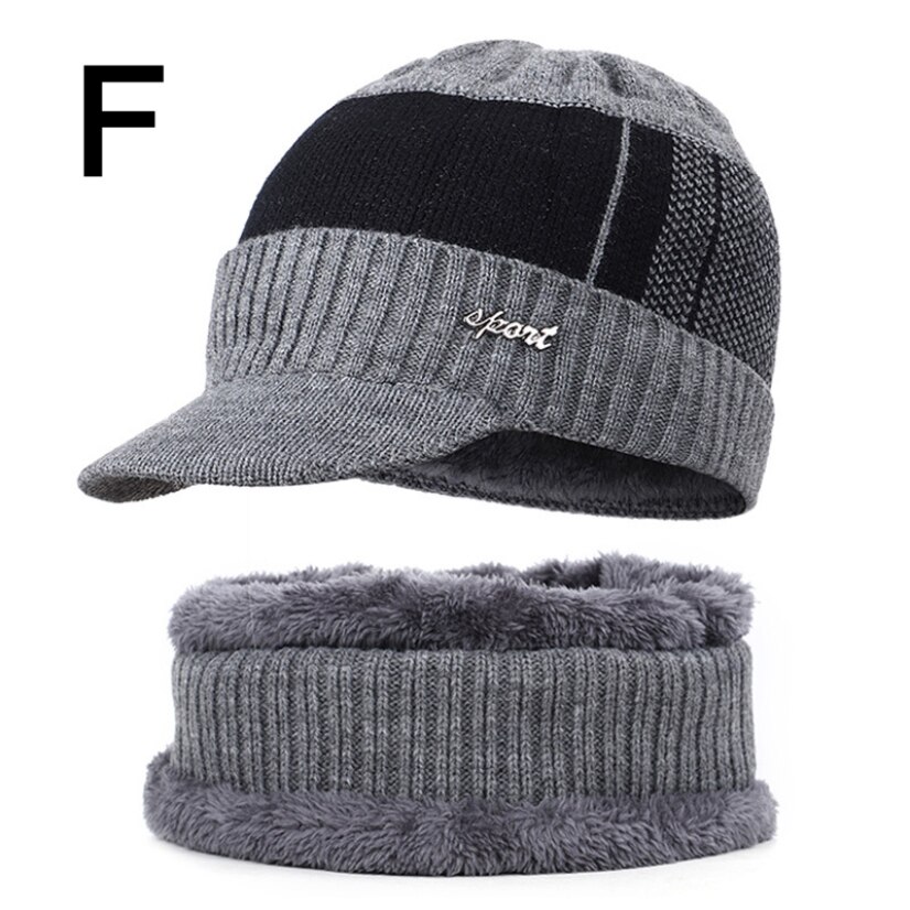 Gorros tejidos nuevos para hombre, gorros gruesos para exterior, gorros cálidos para otoño e invierno, gorros de terciopelo de punto para hombre, conjuntos informales de dos piezas: F