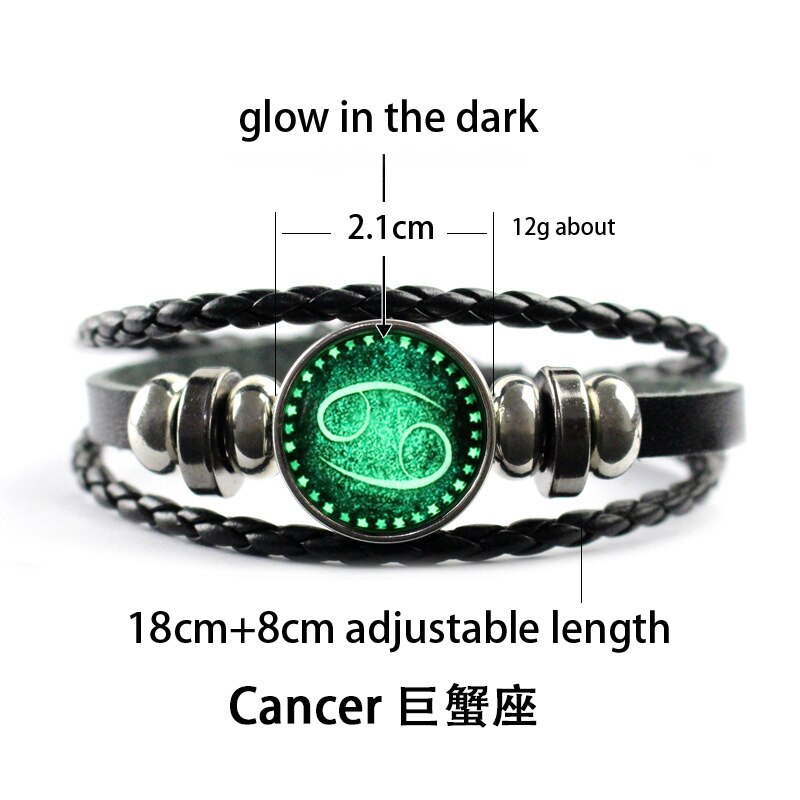 Luminous 12 Constellation Glow In The Dark Bracelet Men Leather Glowing Night Fluorescence Charm Bracelets for Halloween: Cancer